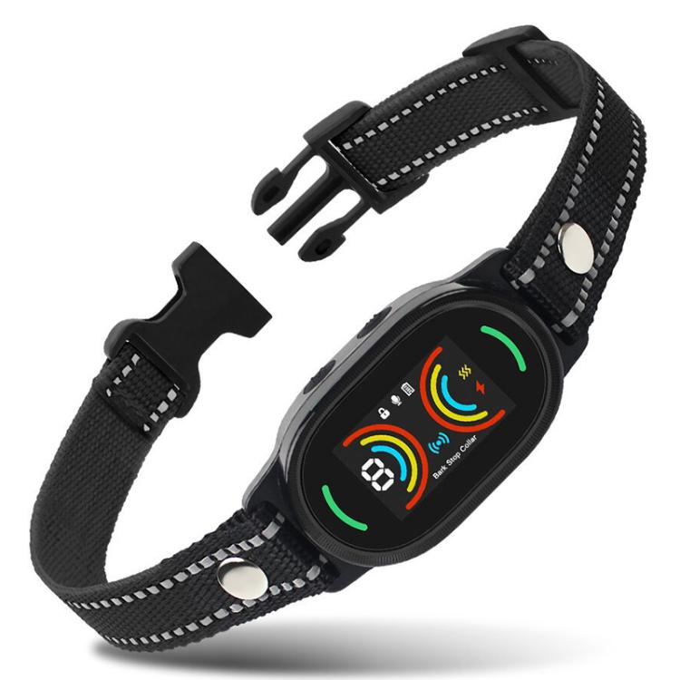 Black anti-bark dog training collar with control module and adjustable fabric strap