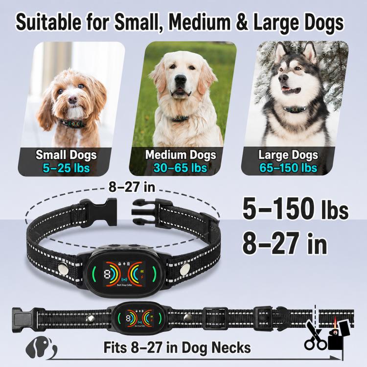 Black anti-bark dog collar with adjustable strap and size range for small to large