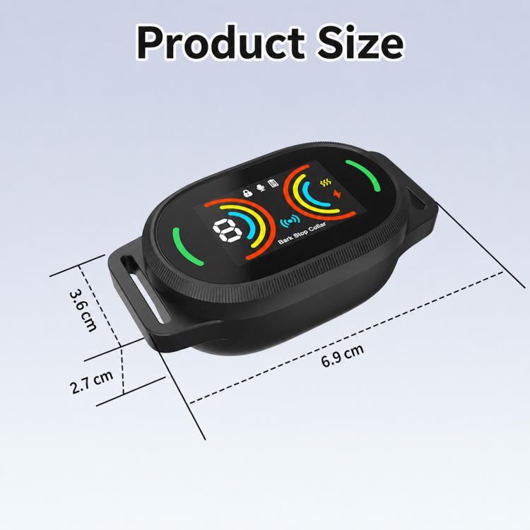 Black anti-bark collar receiver unit with LED display, shown with size measurements