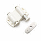 Beige handle-free cabinet door latch with metal mounting plate and striker