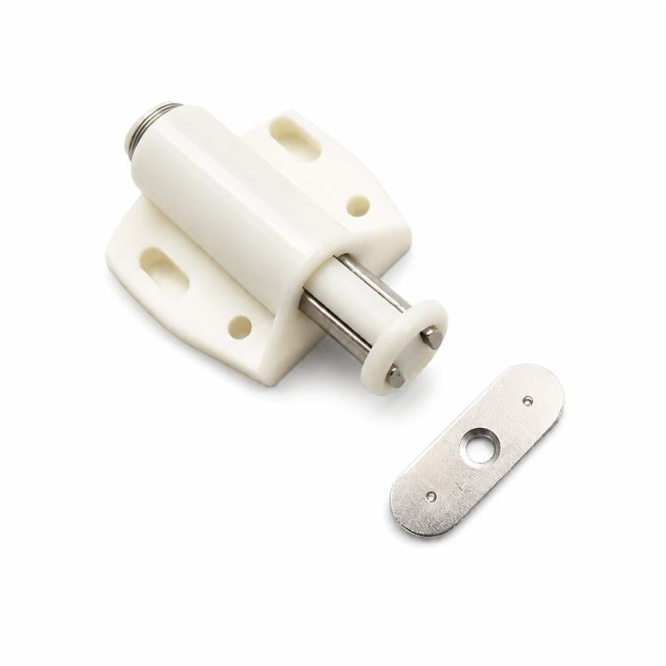 Beige cabinet door latch with metal mounting plate and silver striker plate