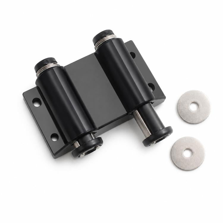Black handle-free cabinet door latch set with two mounting plates and metal discs