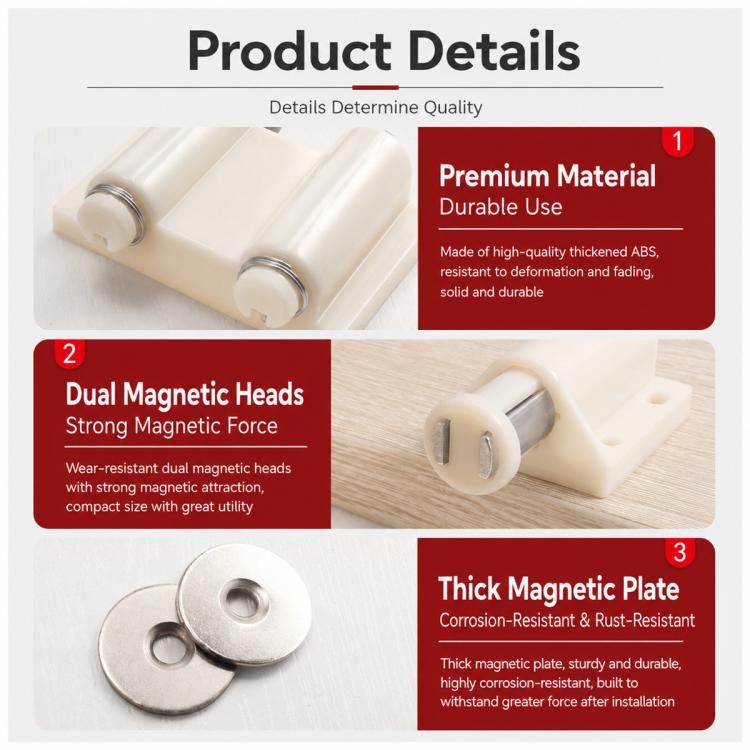 Handle-free dual magnetic cabinet door latch with beige ABS base and metal heads
