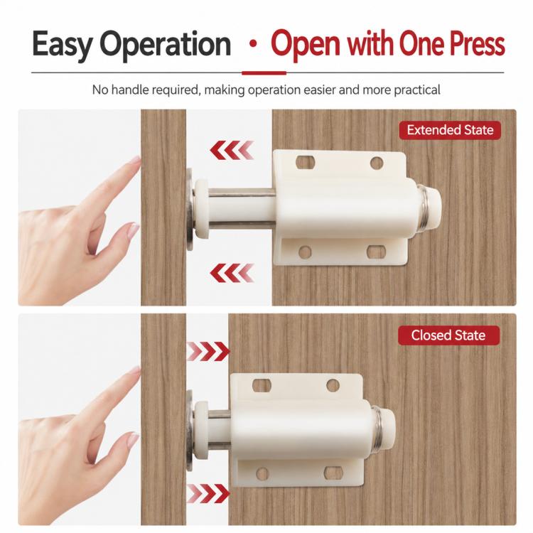 White push-to-open cabinet latch on a wooden cabinet door
