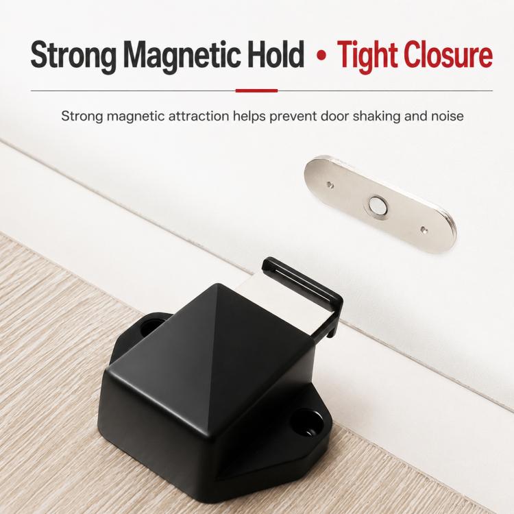 Black magnetic cabinet latch with mounting plate and base mechanism