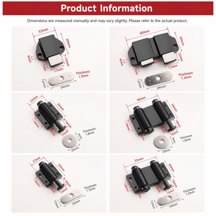 Cabinet latch product information diagram with size dimensions
