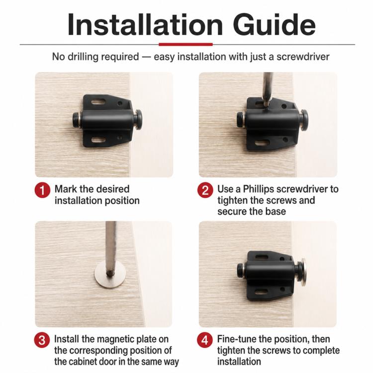 Cabinet push latch installation guide with mounted latch and screwdriver