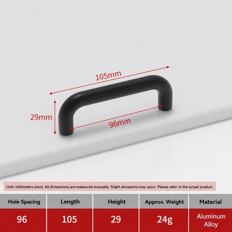 Cabinet door pull handle, black, 96mm curved bar on cabinet front