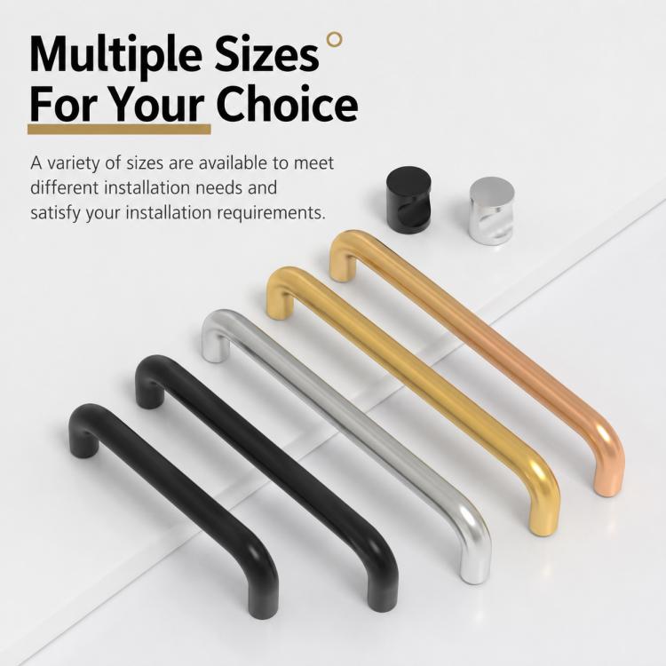 Multiple-size aluminum cabinet pull handles in black, silver, gold, and bronze finishes