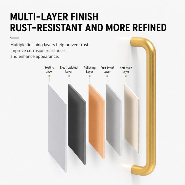 Gold aluminum cabinet pull handle beside multi-layer rust-resistant finish illustration