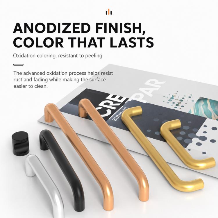 Anodized aluminum cabinet pull handles in black, silver, copper, and gold finishes