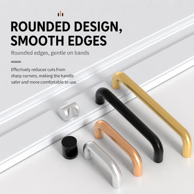 Rounded-edge aluminum cabinet pull handles in black, gold, silver, and copper colors