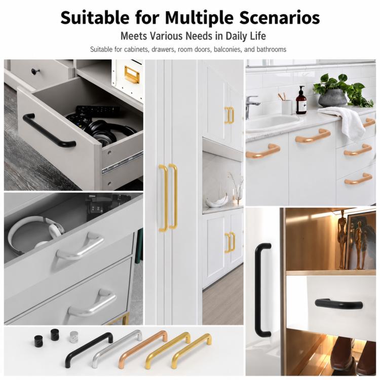 Aluminum cabinet and drawer pull handles in black and gold, multiple mounting points