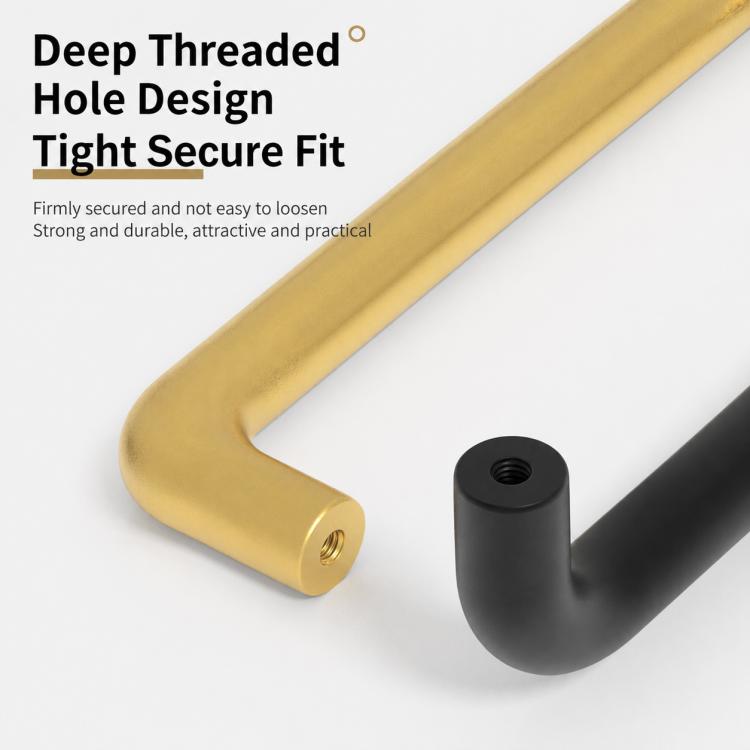 Gold aluminum cabinet pull handle with deep threaded mounting hole and curved end