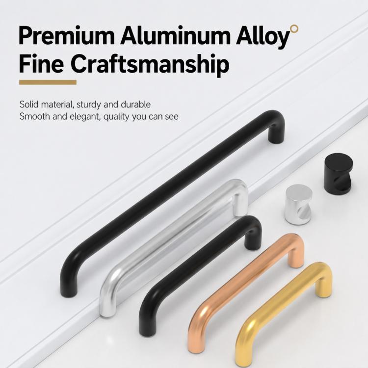 Set of aluminum cabinet pull handles in black, silver, copper, and gold finishes