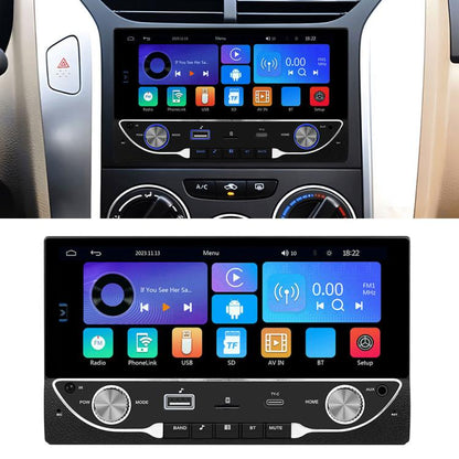 Car MP5 head unit with blue touchscreen and two silver control knobs