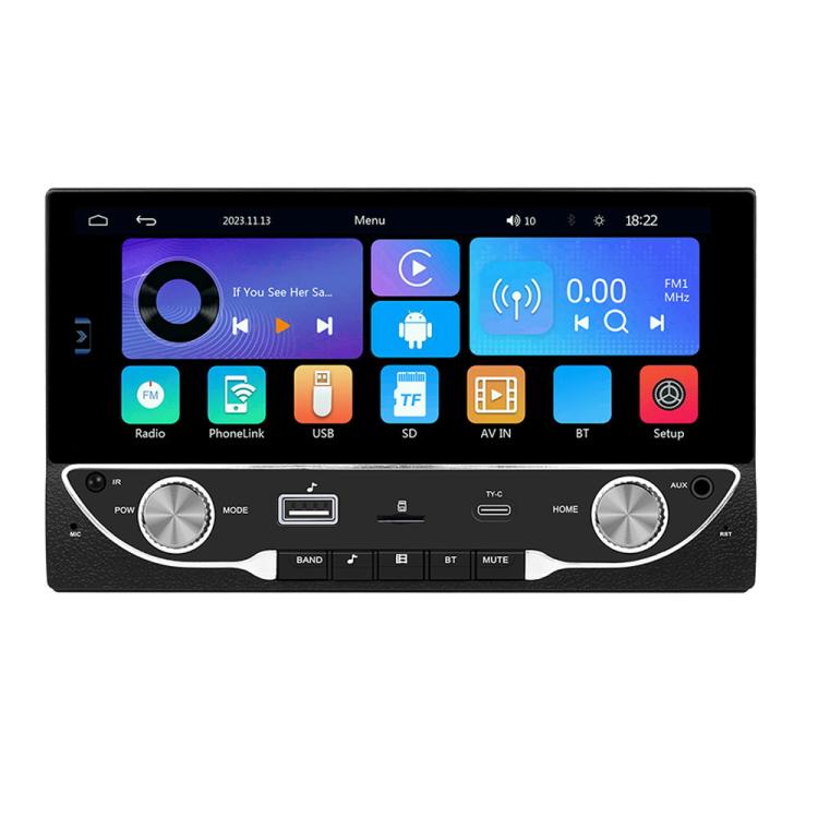 Black car MP5 stereo head unit with powered screen and two silver volume knobs