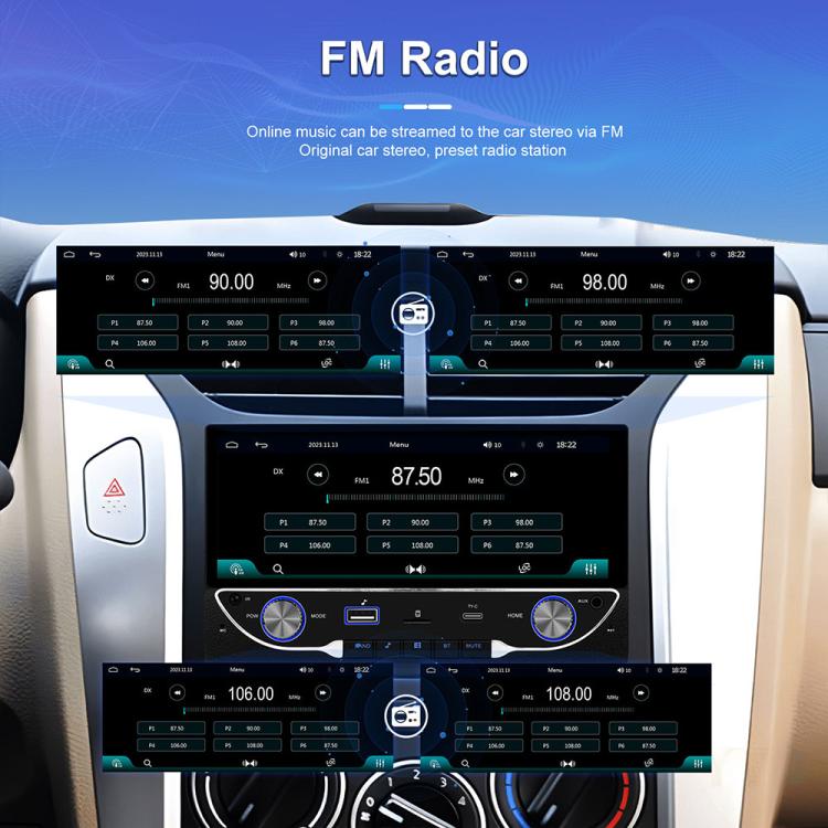 Car MP5 player head unit with FM radio interface on a dual-screen display