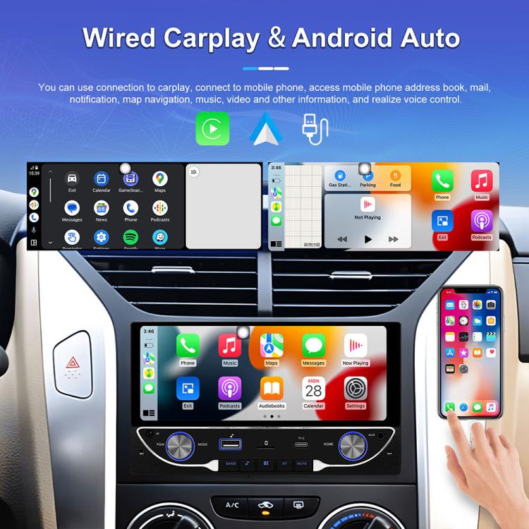 Car MP5 player head unit showing wired CarPlay and Android Auto app screens