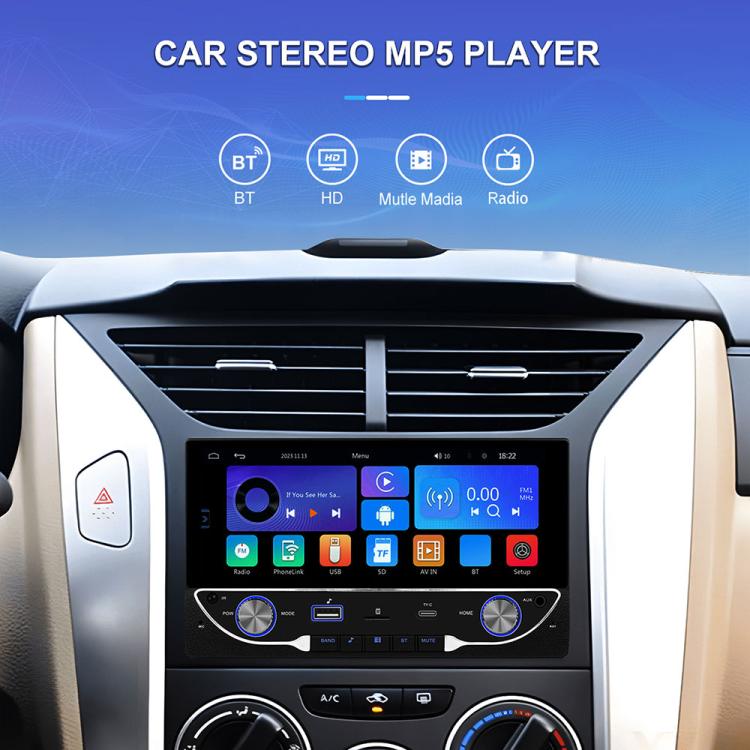 Car stereo MP5 player head unit with media icons and control buttons