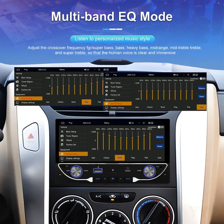 Car MP5 player head unit with EQ equalizer sliders and audio settings