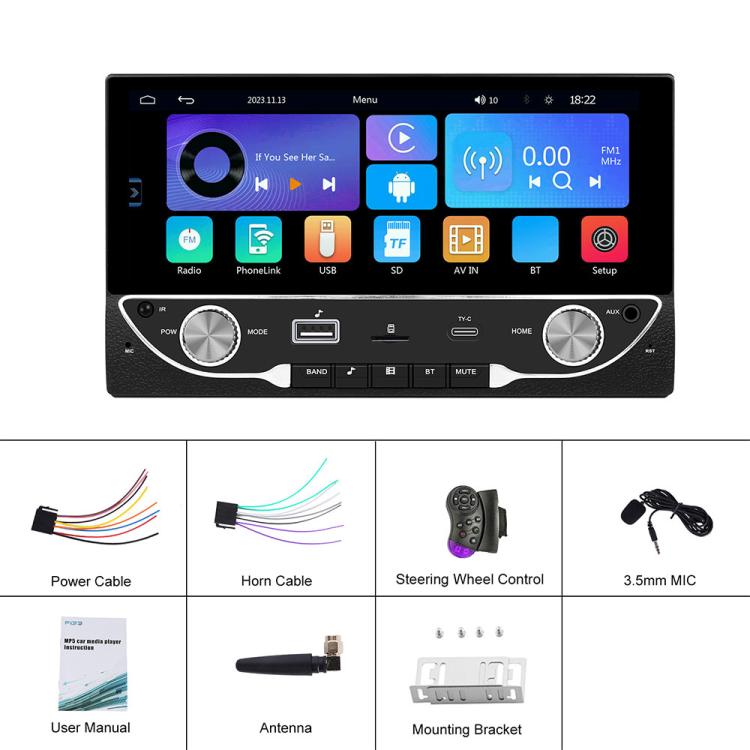 Car MP5 player head unit with included wiring, antenna, mic, and mounting bracket