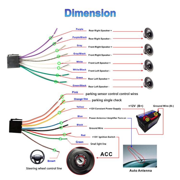 Car MP5 wiring and speaker connection diagram with labeled wire colors