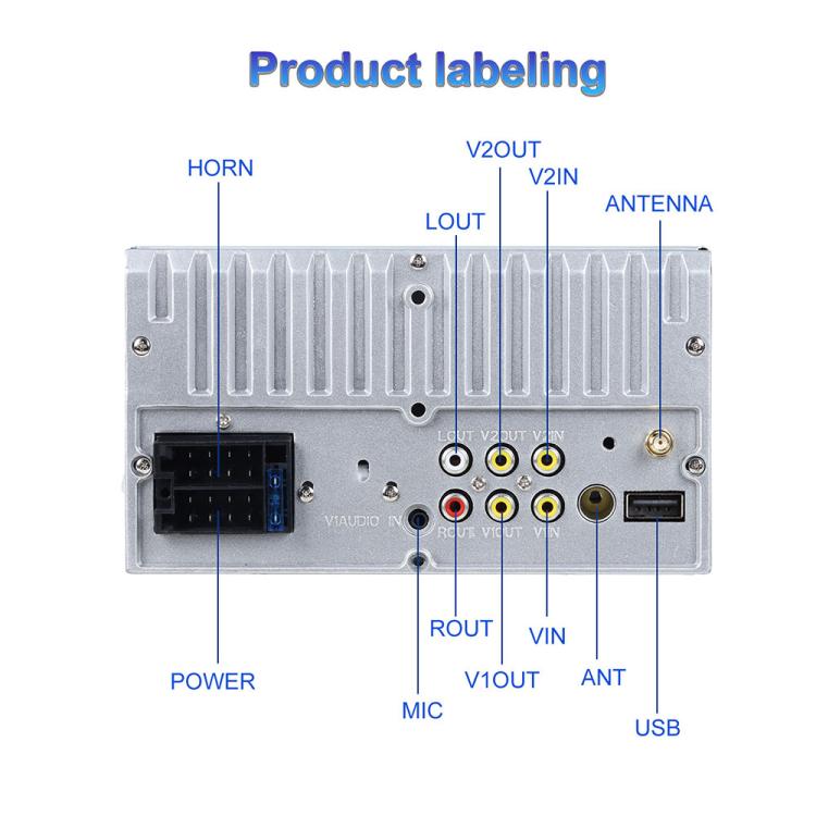 Car MP5 rear connector panel with labeled ports for power, mic, and antenna