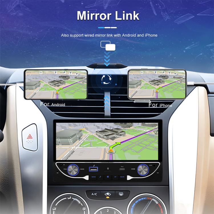 Car MP5 head unit showing mirror link map display on a split screen