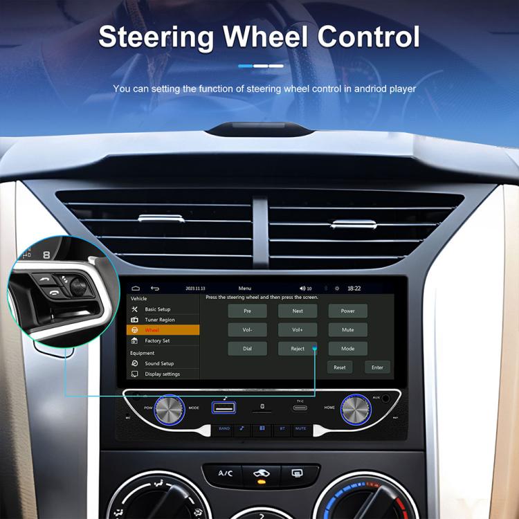 Car MP5 head unit screen showing steering wheel control settings menu