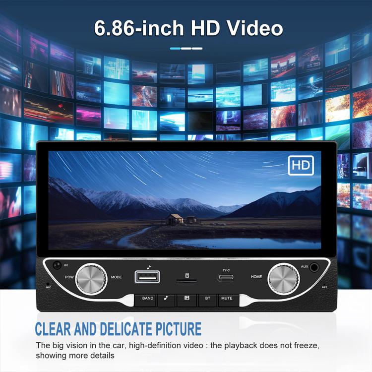 Car MP5 head unit displaying HD video landscape on a 6.86-inch screen