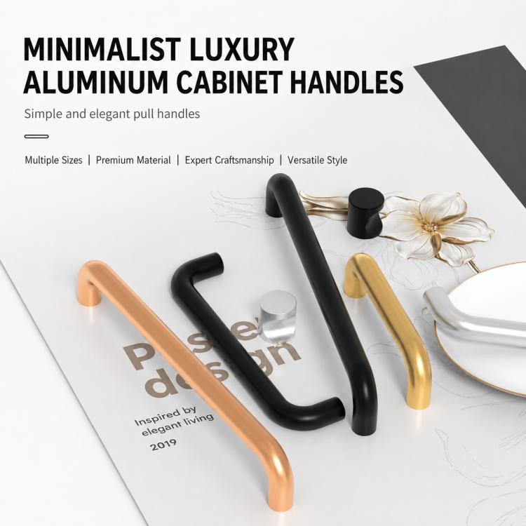 Cabinet pull handles display with black, bronze, and silver curved U-bar handles.