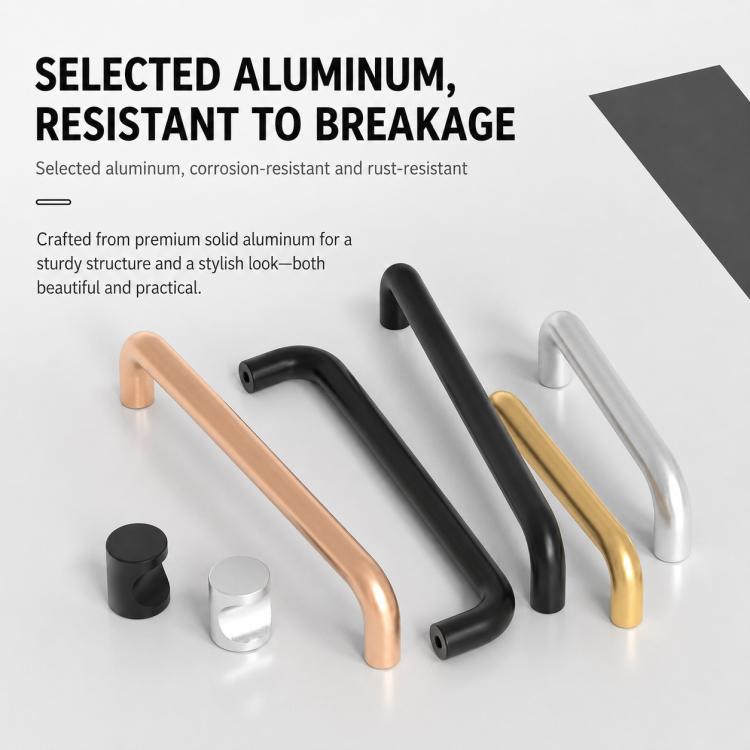 Set of cabinet pull handles in black, gold, silver, and beige with curved U-bars.