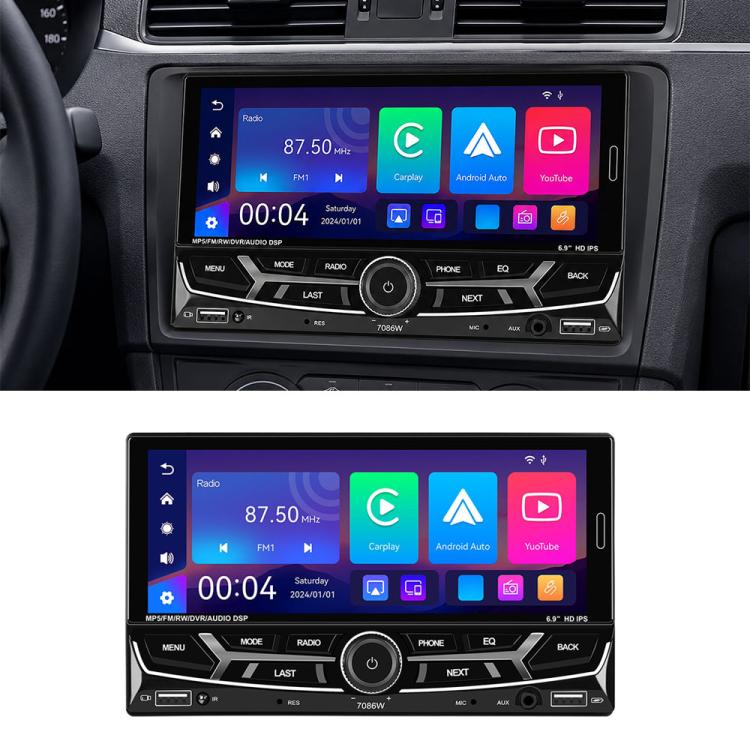 6.9-inch car MP5 receiver with wireless CarPlay and Android Auto on touchscreen