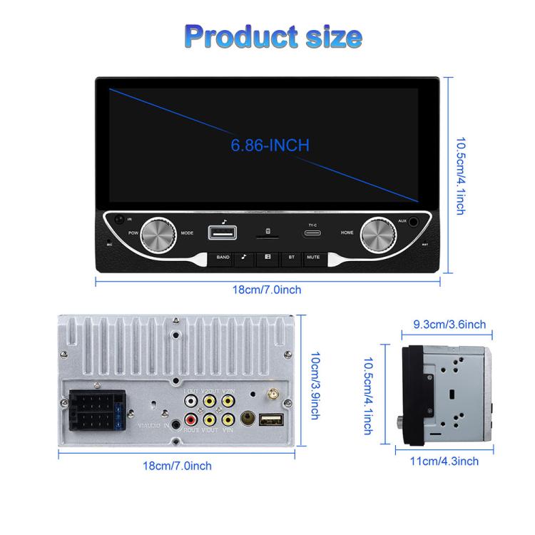 6.9-inch car MP5 receiver dimensions diagram with unit measurements