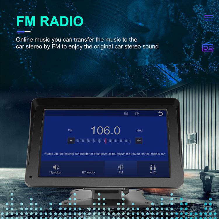 7-inch portable car navigation touchscreen displaying FM radio station interface