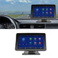 Car mounted touchscreen monitor with blue app screen and gray base stand