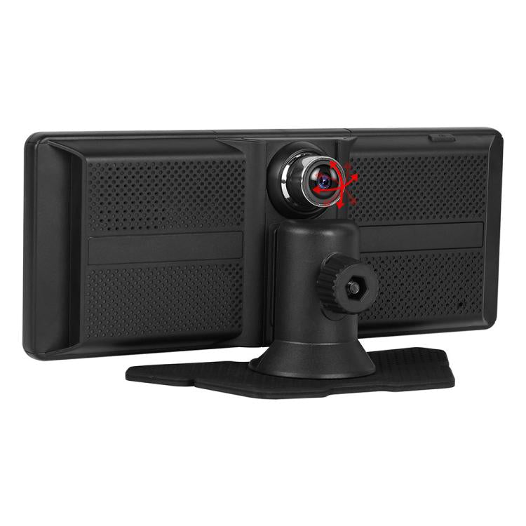 Black portable car navigation unit with built-in camera lens and dashboard stand