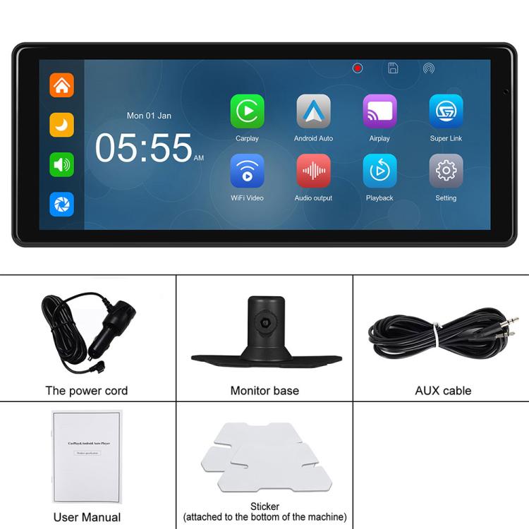 Portable car navigation screen kit with base, power cord, AUX cable, manuals