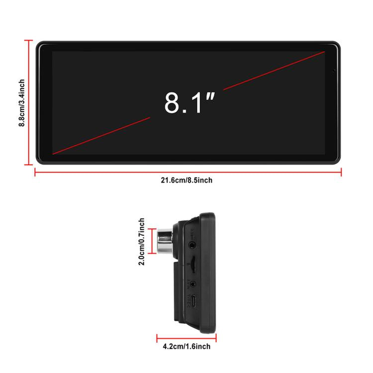 8.1-inch portable navigation screen with overall size measurements diagram
