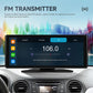 Portable car navigation screen showing FM transmitter controls on the display