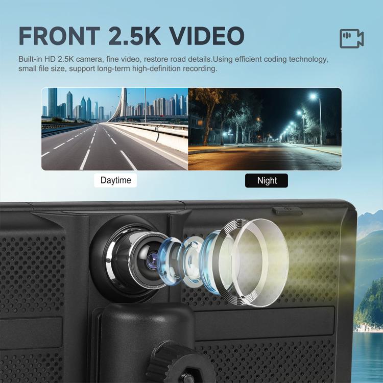 Portable car navigation screen with front 2.5K video camera lens and night/day scenes