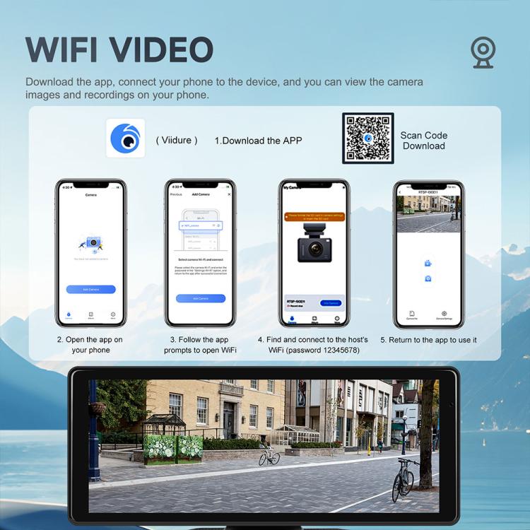 8.1-inch navigation screen for WiFi video viewing with phone app connection steps