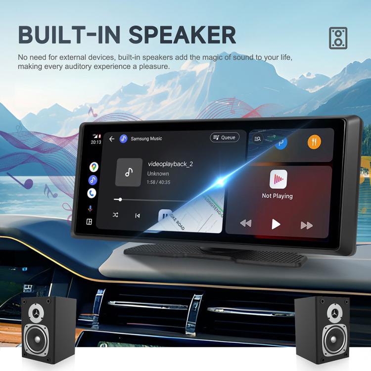 Portable car navigation touchscreen on dashboard displaying media controls and icons.