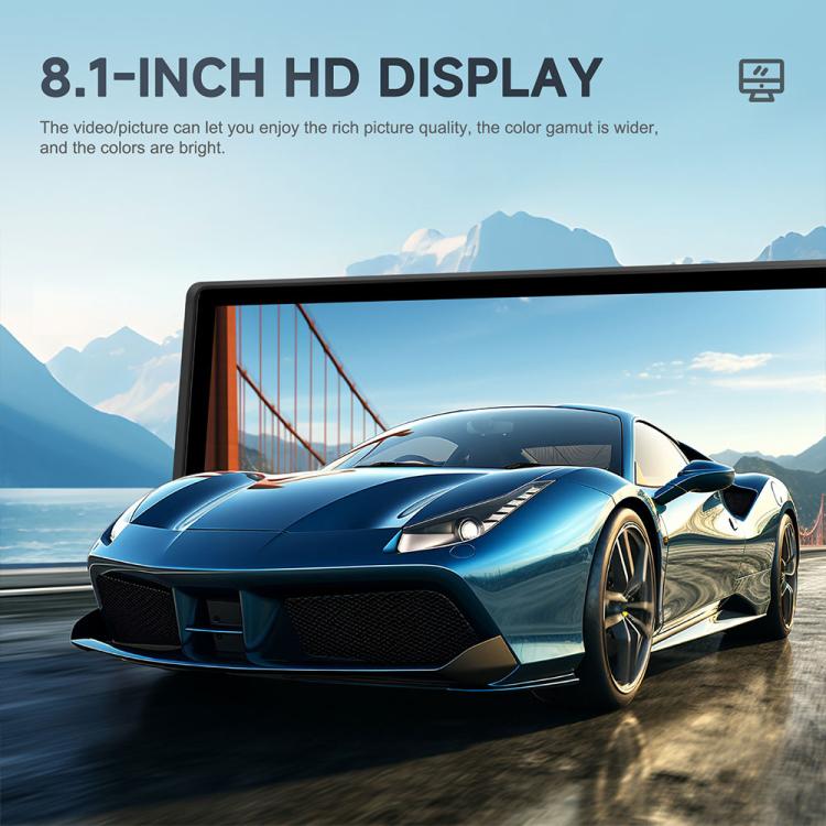 Portable car navigation touchscreen with 8.1-inch HD display showing a scenic roadway.