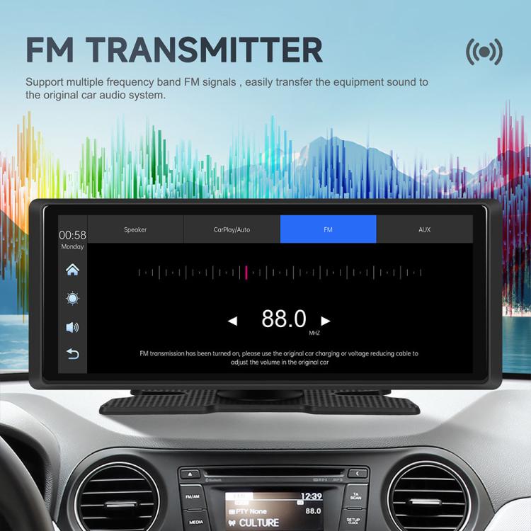 Portable car navigation touchscreen displaying FM 88.0 audio transmission settings.