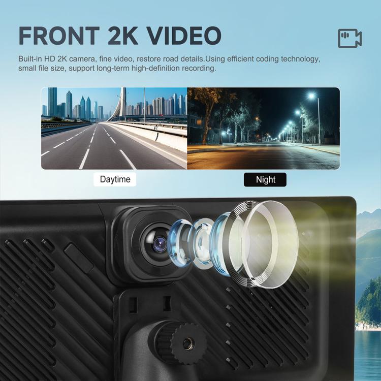 Front 2K dash camera and screen preview showing day and night video views.