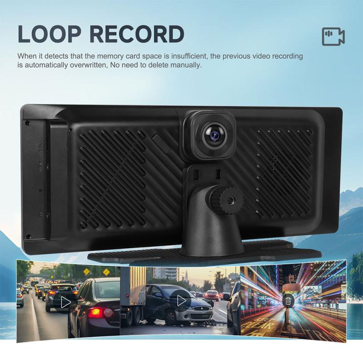 Car dash camera with monitor and lens, featuring loop record functionality preview.