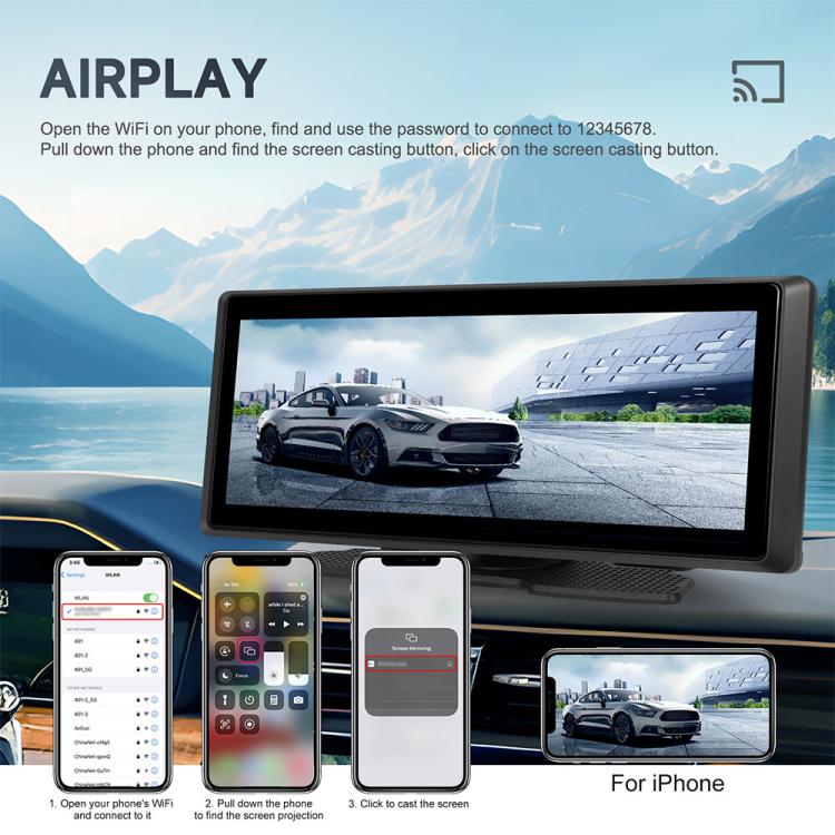 Portable car navigation touchscreen showing AirPlay screen casting for iPhone.