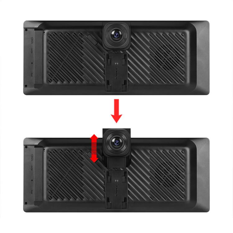 Portable car navigation screen showing rear camera placement with adjustment arrows